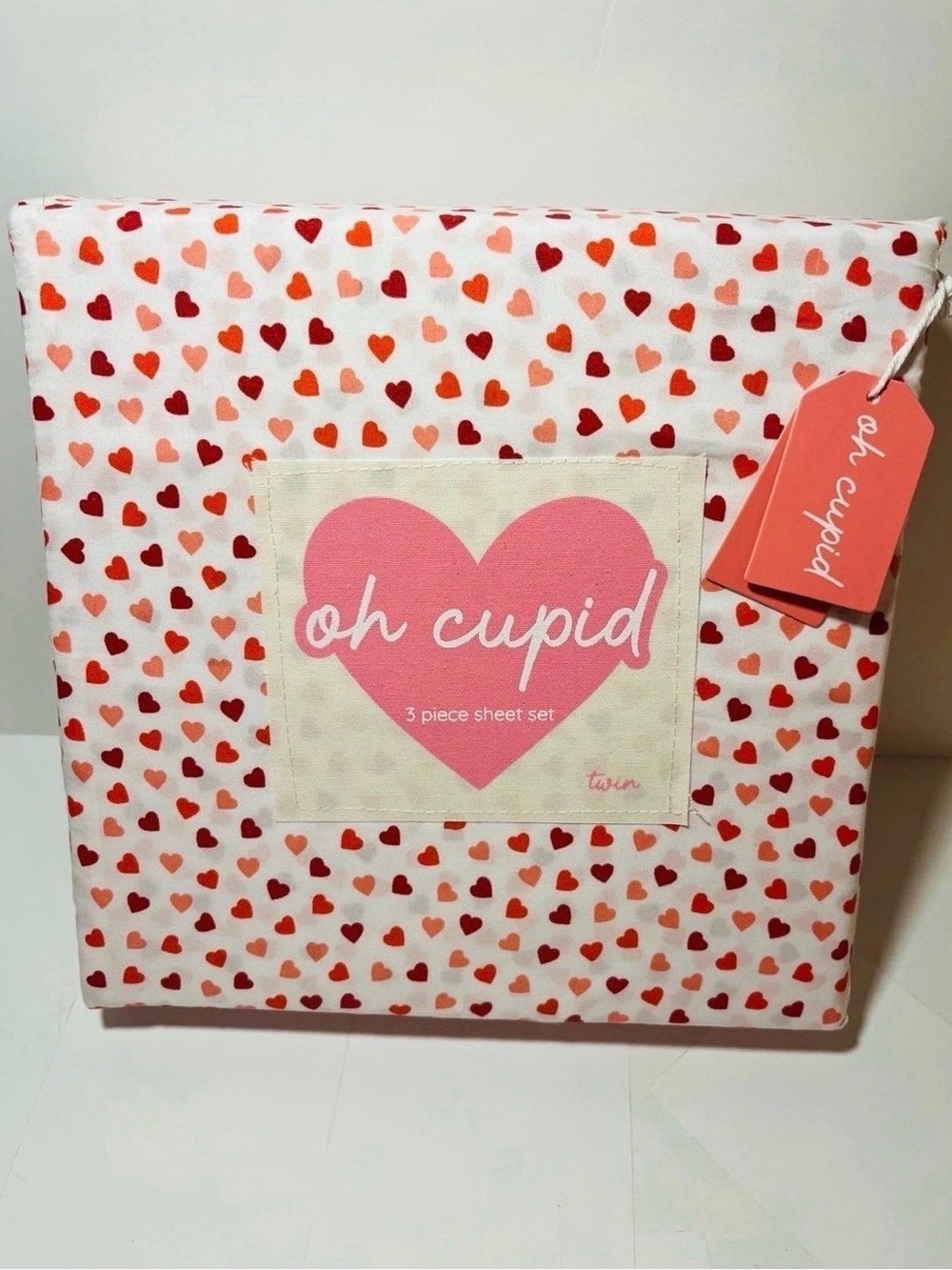 Oh Cupid Twin Size 3 Piece Sheet Set White with Mini Red & Pink Hearts